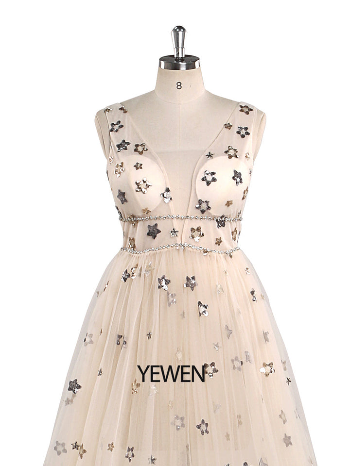 Tüll-Ballkleid, Champagner, Stern, V-Ausschnitt, Fotografie-Kleid 