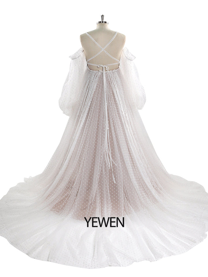 Gepunktetes Tüllkleid mit Spitze im Bohemian-Stil für Fotoshootings, langärmliges Umstandsbrautkleid YW220107-1