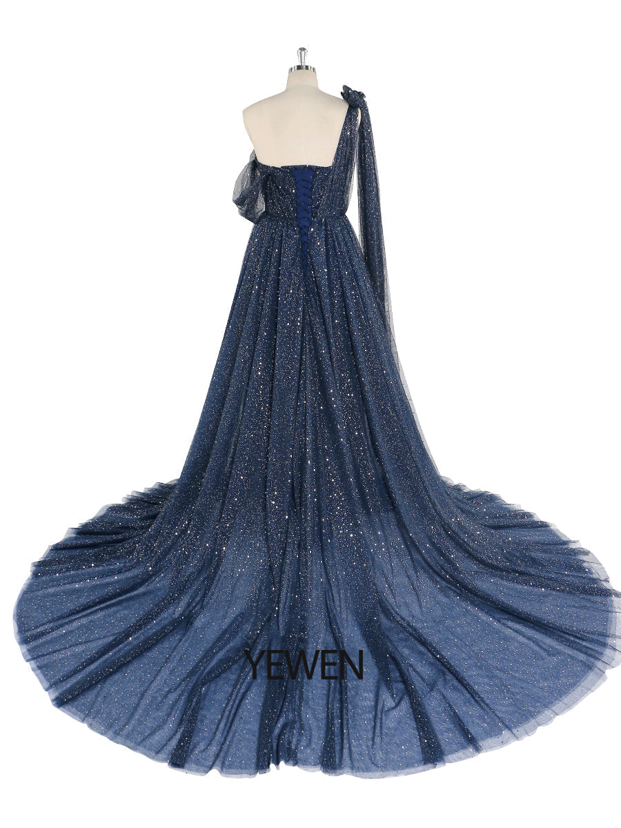 Glitzerndes Tüllkleid mit Sternenhimmel-Fotografie-Kleid, modisches Glitzer-Mesh-Designer-Ballkleid, lang, YEWEN YW010 