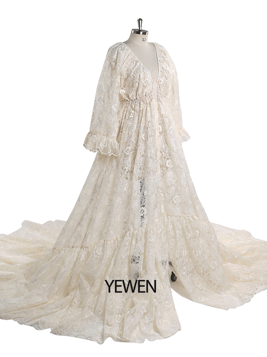 Boho Spitzenkleid Elegantes V-Ausschnitt Damen Maxikleid Umstandskleid für Fotoshooting Ausgefallene Fotografie Requisiten YEWEN YW220913 
