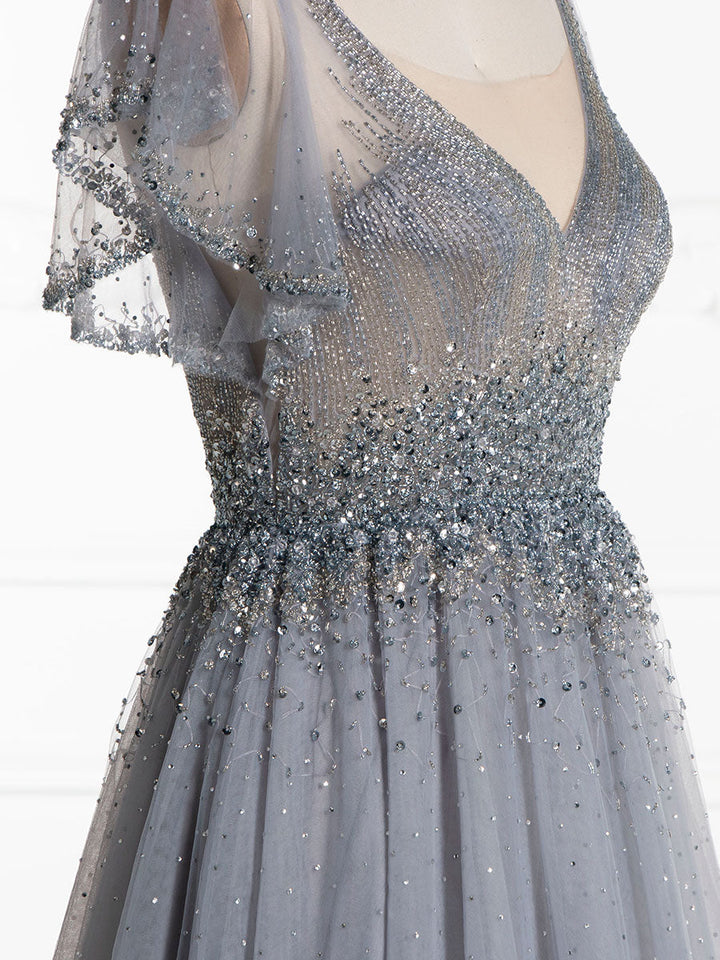 Elegantes Ballkleid mit V-Ausschnitt und silberner Perlenstickerei YE2553 