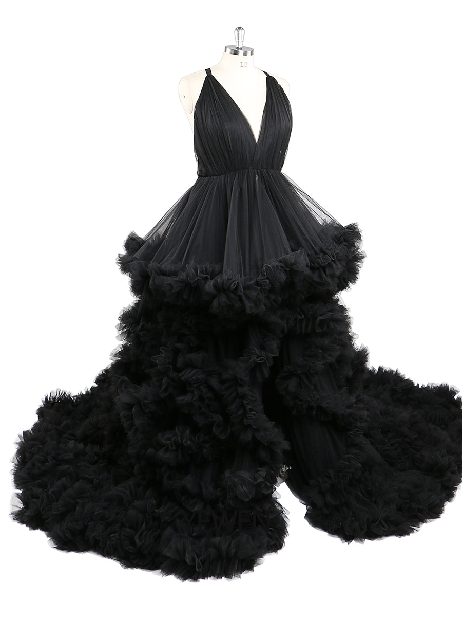 Schwarzes Umstands-Fotoshooting-Kleid mit V-Ausschnitt, gekreuzte Schnürung am Rücken, Babyparty-Kleid, Robe für Fotoshooting, YW220516 