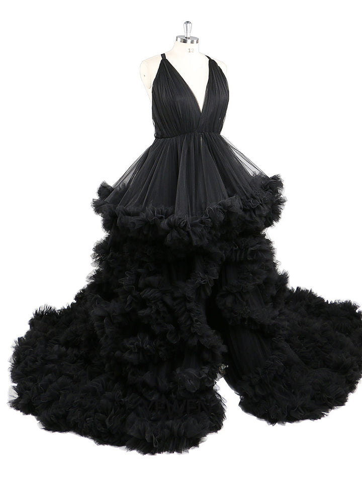 Schwarzes Umstands-Fotoshooting-Kleid mit V-Ausschnitt, gekreuzte Schnürung am Rücken, Babyparty-Kleid, Robe für Fotoshooting, YW220516 