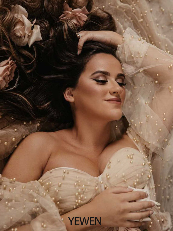 Schulterfreies, elfenbeinfarbenes, langärmliges Umstandskleid mit Perlen vorne und offen, Fotoshooting-Kleid für Damen LT024 
