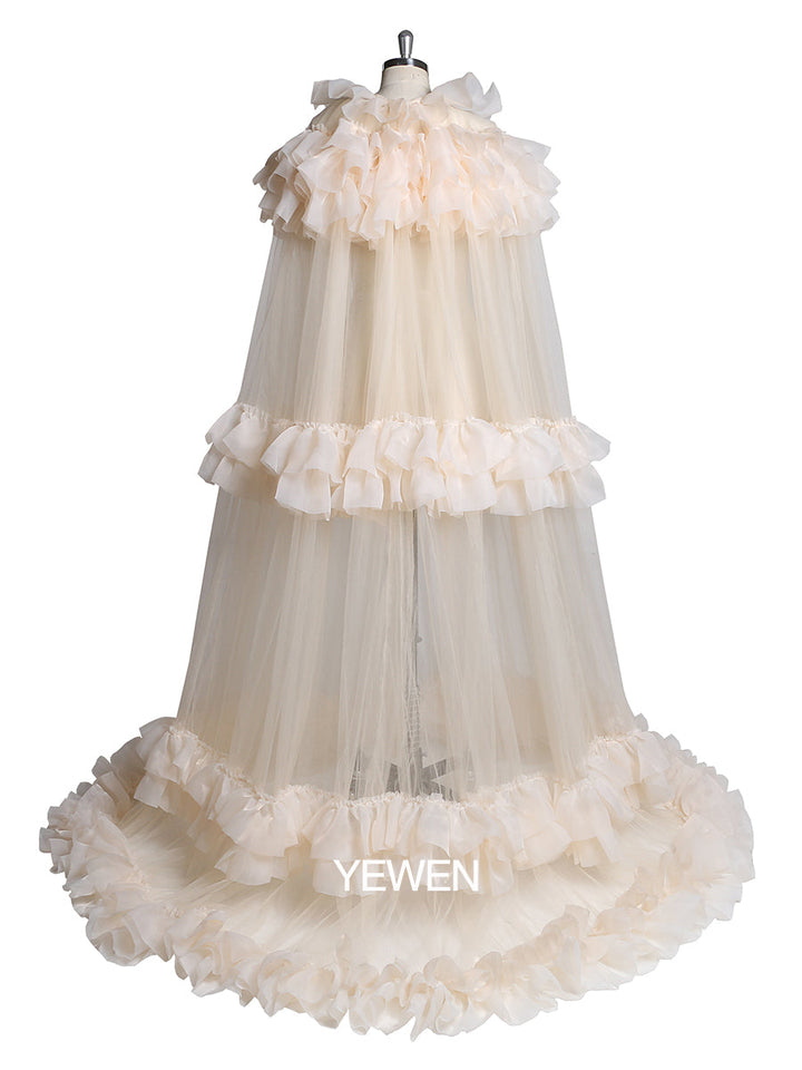 Elegantes Cape, plissiertes, gerüschtes Maxi-Brautkleid, Jacke für Umstandskleid-Fotoshooting