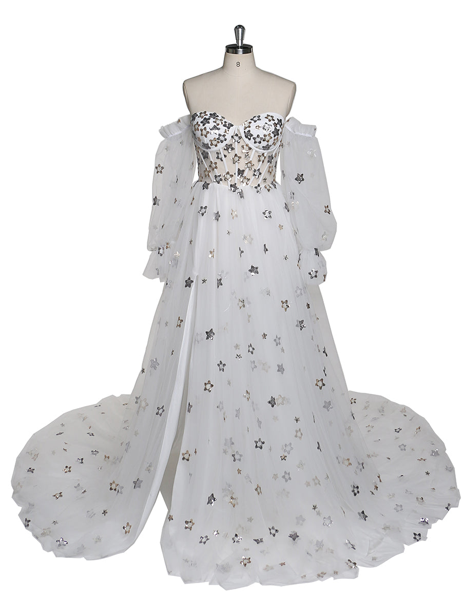Abendkleid mit funkelnden Sternen, lang, abnehmbare Ärmel, formelles Partykleid, Fotoshooting-Kleid, Übergröße, YW220311 