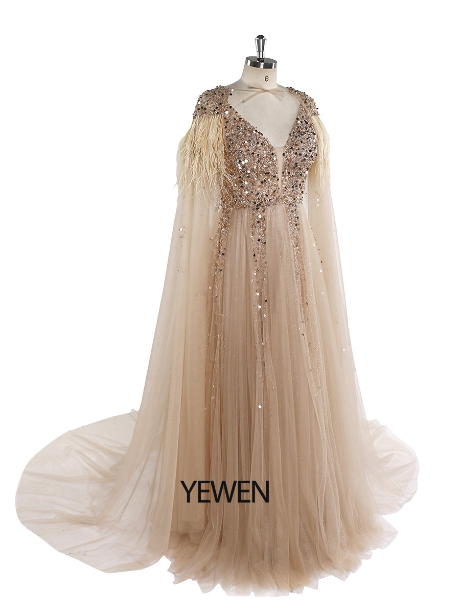 V-Ausschnitt Formelles Abendkleid Abnehmbarer Umhang Ärmellos Bodenlang Tüll mit Perlenbesatz Partykleid YEWEN 