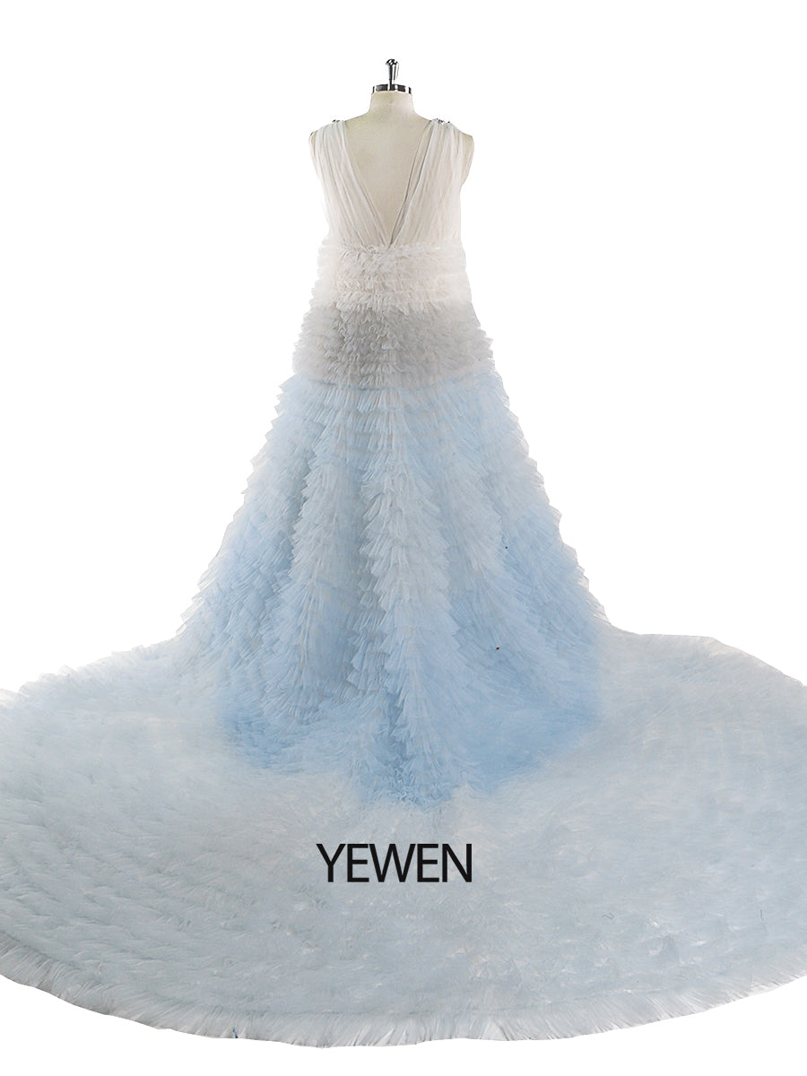 Elegante Regenbogen Rüschen Abendkleider Strass Dekoration Tüll Schichten Fotografie Kleid YEWEN