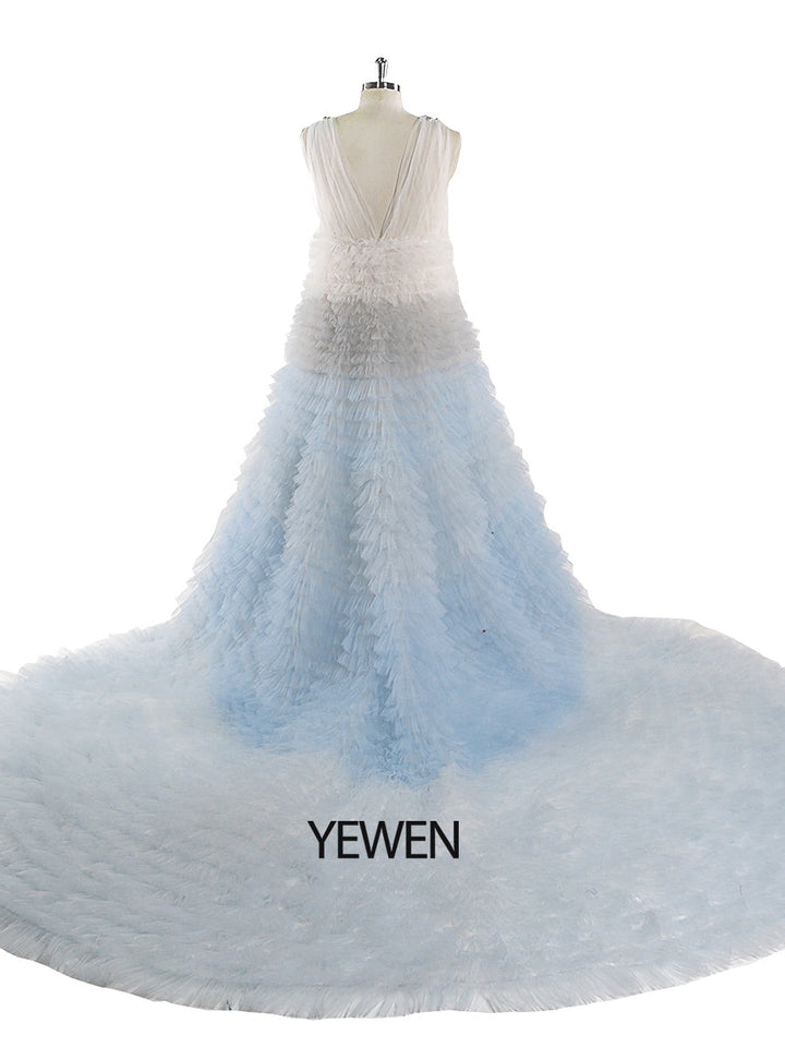 Elegante Regenbogen Rüschen Abendkleider Strass Dekoration Tüll Schichten Fotografie Kleid YEWEN