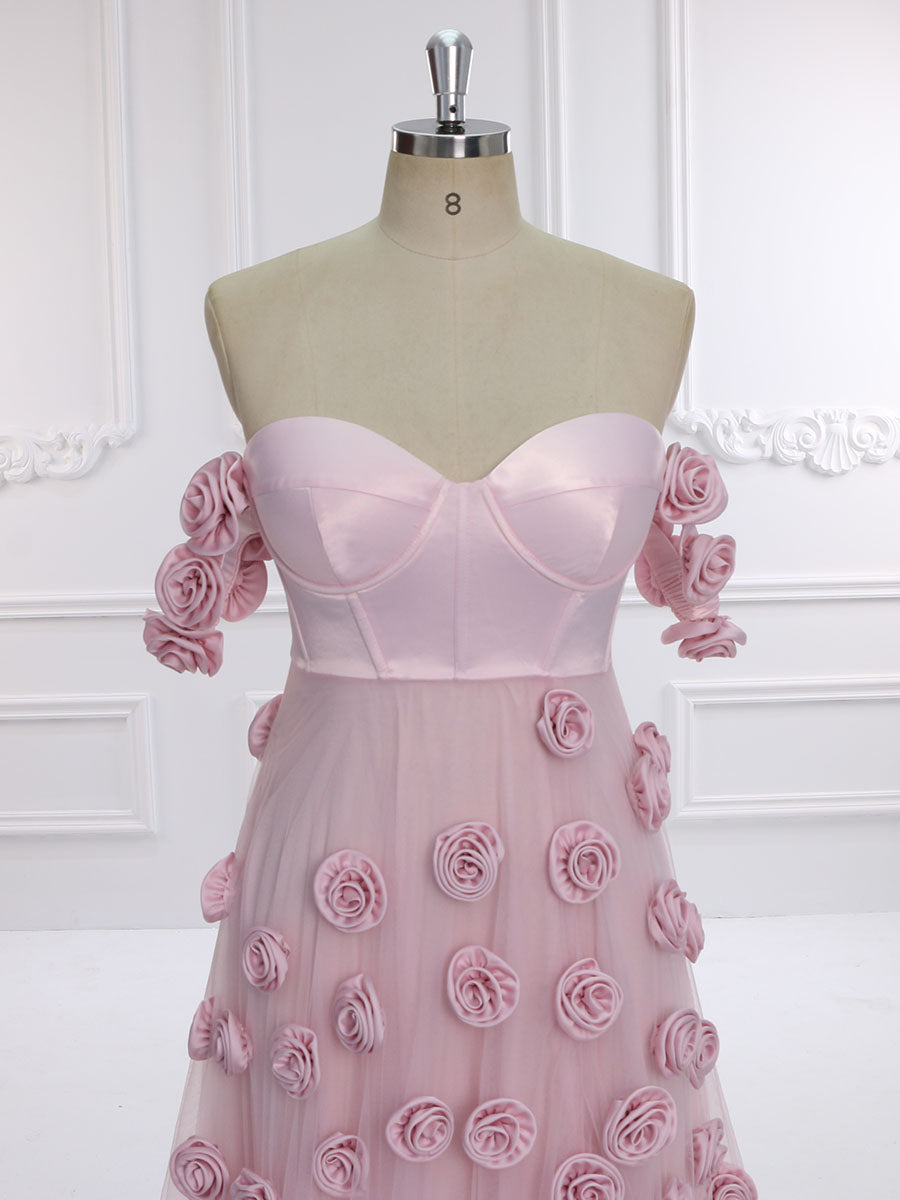 Zartrosa Ballkleid mit handgefertigten 3D-Blumen, schickes Brautkleid für Fotoshootings, YW231136 