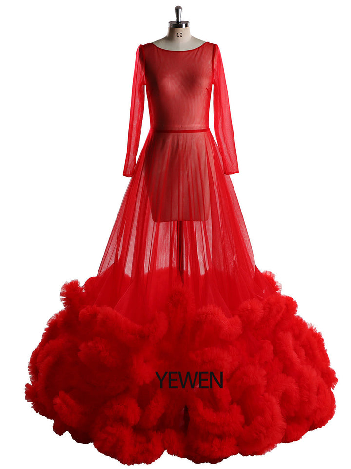 8005 Sexy Maxi-Brautkleid mit Rüschen, langen Ärmeln, durchsichtig, Umstandskleider für Fotoshootings, YEWEN 