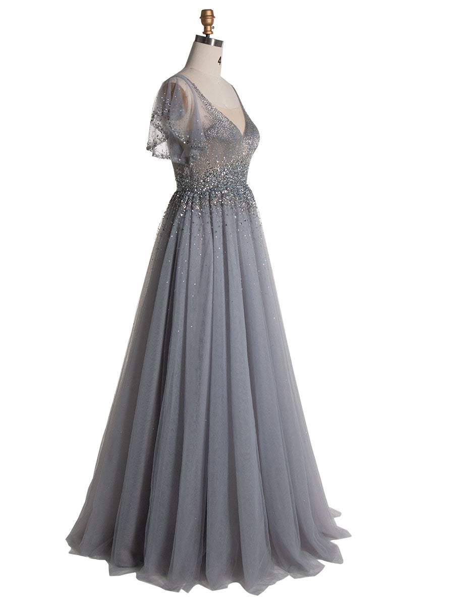 Elegantes Ballkleid mit V-Ausschnitt und silberner Perlenstickerei YE2553 