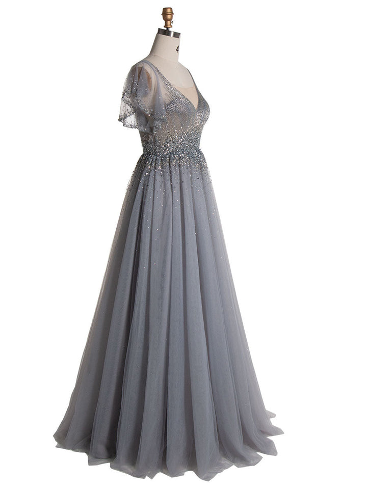 Elegantes Ballkleid mit V-Ausschnitt und silberner Perlenstickerei YE2553 