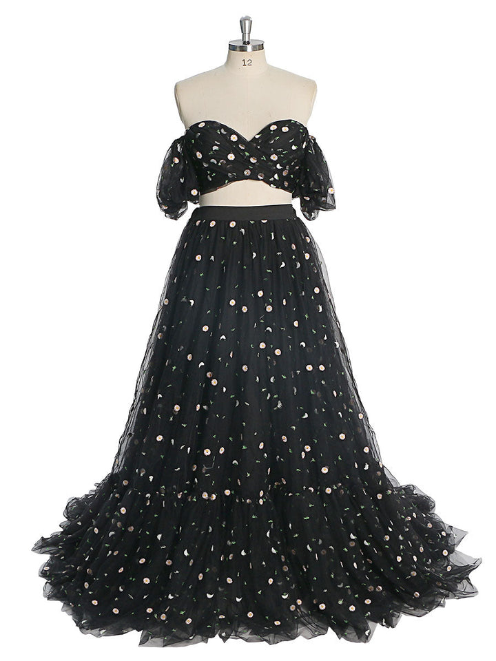 Tüll mit Stickereien, 2-teiliges Set für Damen, Maxikleid, elastische Taille, Fotoshooting-Kleid YW231030