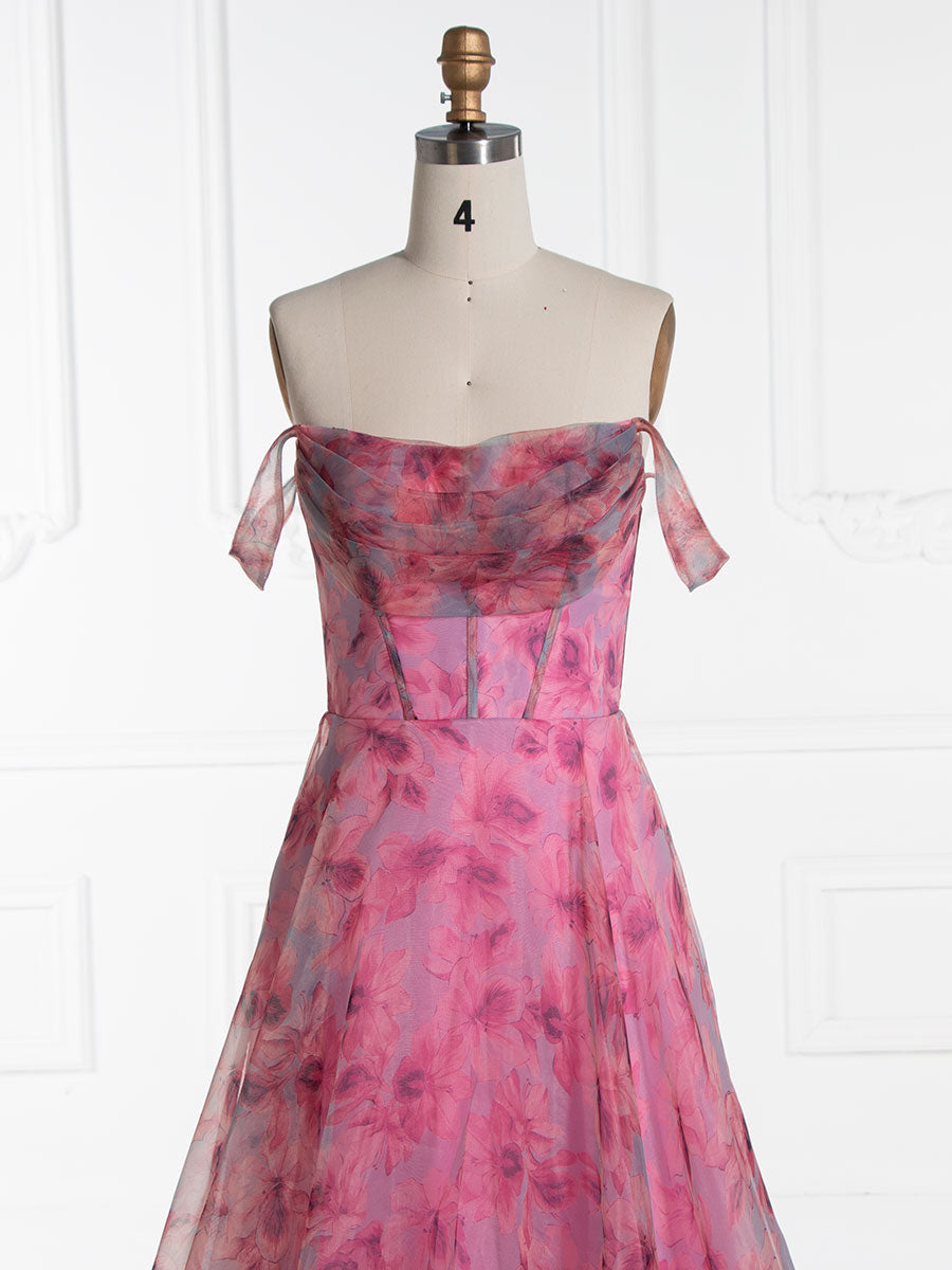A-line, Elegant Off Shoulder, Printed Prom Dresses