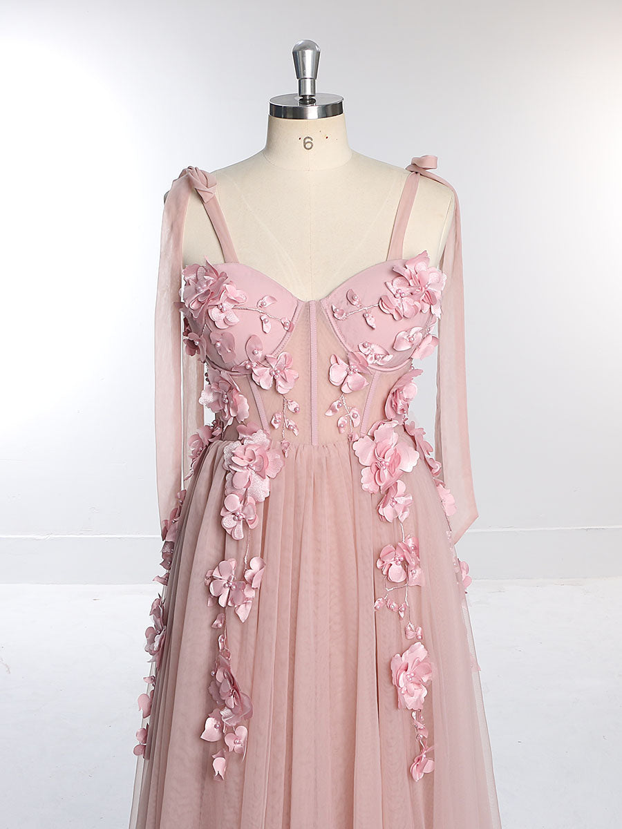 Neues Tüll-Korsettkleid mit 3D-Blumen und Seitenschlitz, für Fotoshootings, Abschlussball-Partykleider, YW231014