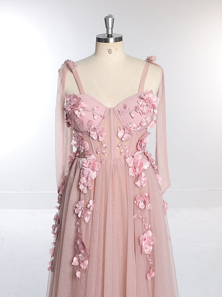 Neues Tüll-Korsettkleid mit 3D-Blumen und Seitenschlitz, für Fotoshootings, Abschlussball-Partykleider, YW231014