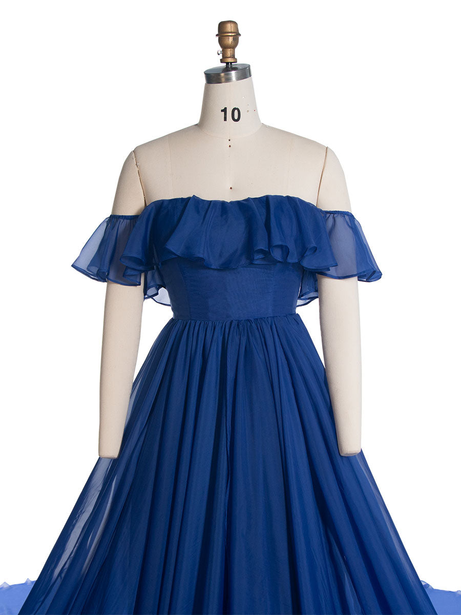 Königsblaues fliegendes Kleid für Fotoshooting, lange Schleppe, weiche Seidenorganza, Fotokleid YW240114