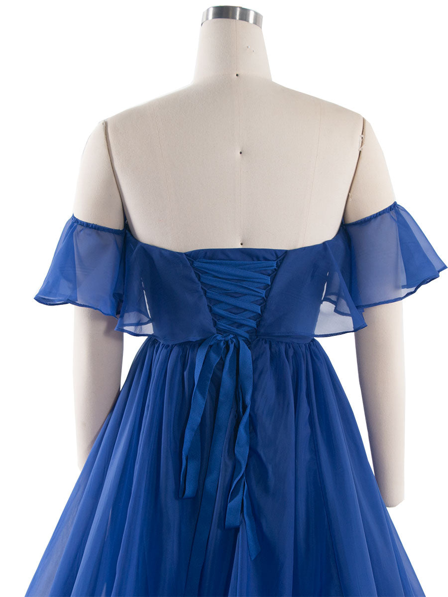 Königsblaues fliegendes Kleid für Fotoshooting, lange Schleppe, weiche Seidenorganza, Fotokleid YW240114