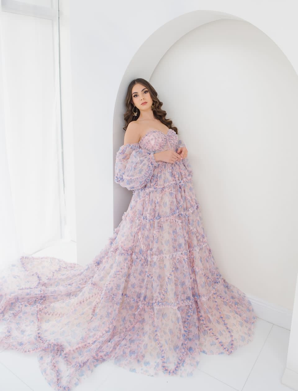 Elegant Floral Tulle Maxi Dress with Sleeves , Woman Photoshoot Dress