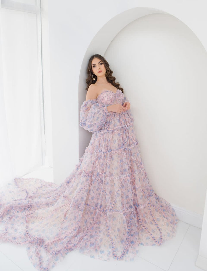 Elegant Floral Tulle Maxi Dress with Sleeves , Woman Photoshoot Dress