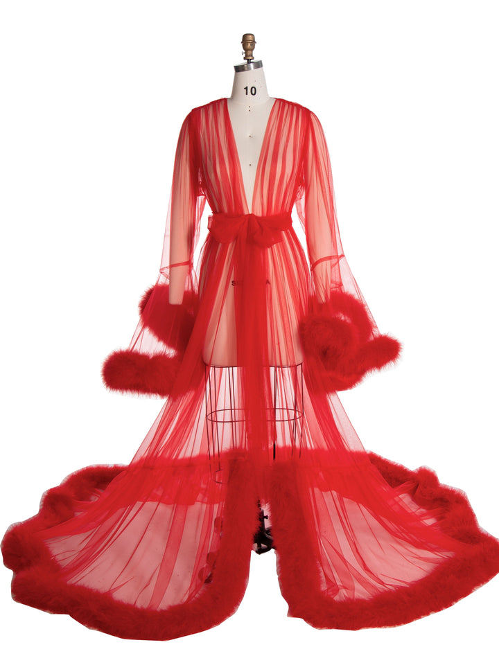 Roter Boudoir Morgenmantel mit Federn, Braut-Federmantel, Schwangerschafts-Shooting-Kleid YW2032 