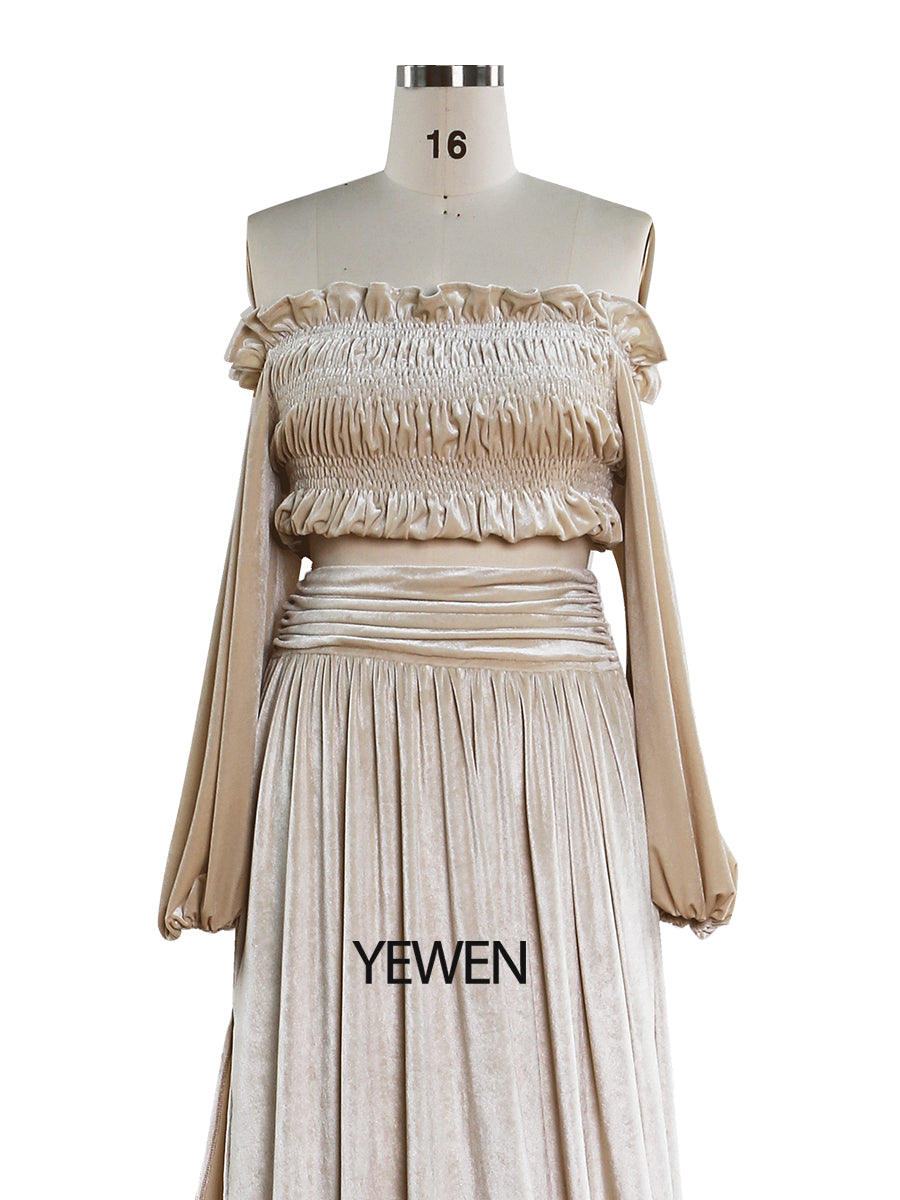Zweiteiliges Set aus creme-beigem Samt-Crop-Top und langem Rock, Maxi-Samtkleid für Damen mit Beinschlitz, YW220929 