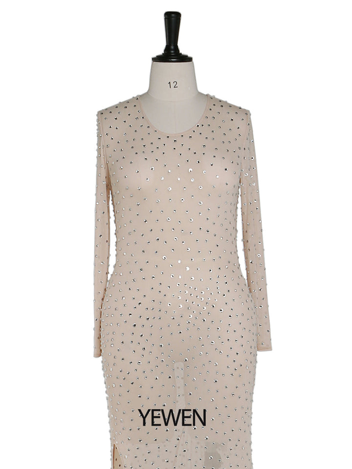 Elegantes Umstandskleid mit Rundhalsausschnitt und Kristallen, sexy, durchsichtiges Maxikleid aus Spandex-Netzstoff, Kleid für Fotoshootings