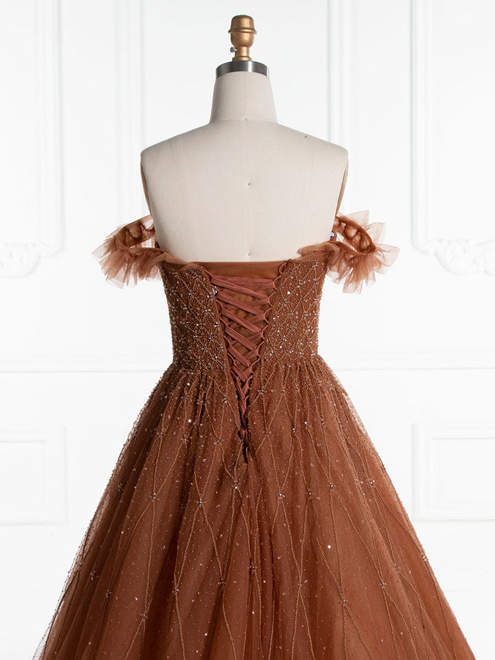 Dunkel Champagner A-Linie trägerloses Luxus Abendkleid mit Perlenbesatz YE2555 