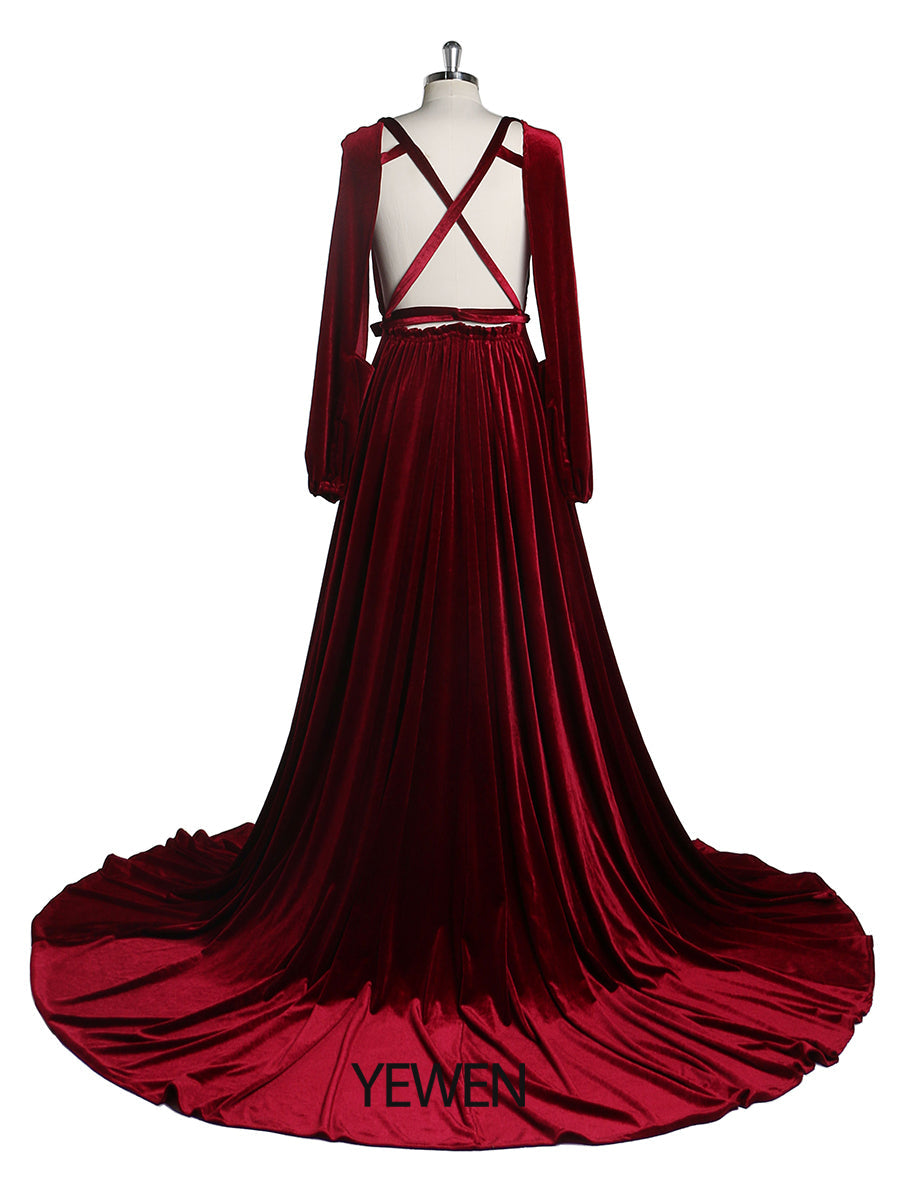 Schwarzes Abendkleid aus Samt mit V-Ausschnitt, langen Ärmeln, Stretch-Taille, seitlichem Schlitz, Fotoshooting-Kleid, Umstandskleider YD211012 
