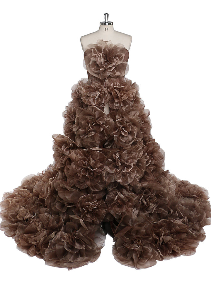 Trägerloses Organza-Umstandskleid mit 3D-Blumen für Fotoshootings, Babyparty, Fotografie-Kleider YW220308 