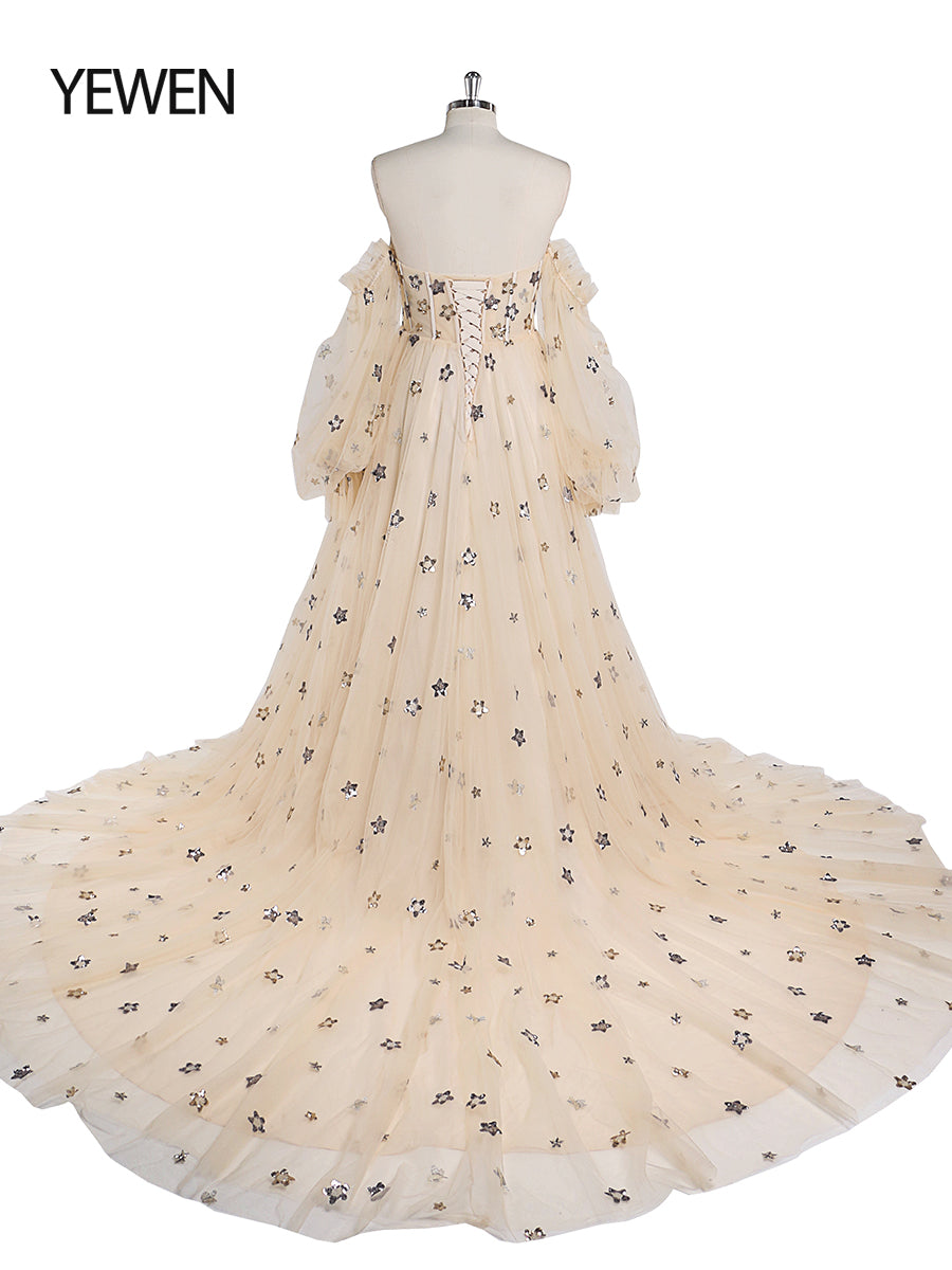Abendkleid mit funkelnden Sternen, lang, abnehmbare Ärmel, formelles Partykleid, Fotoshooting-Kleid, Übergröße, YW220311 