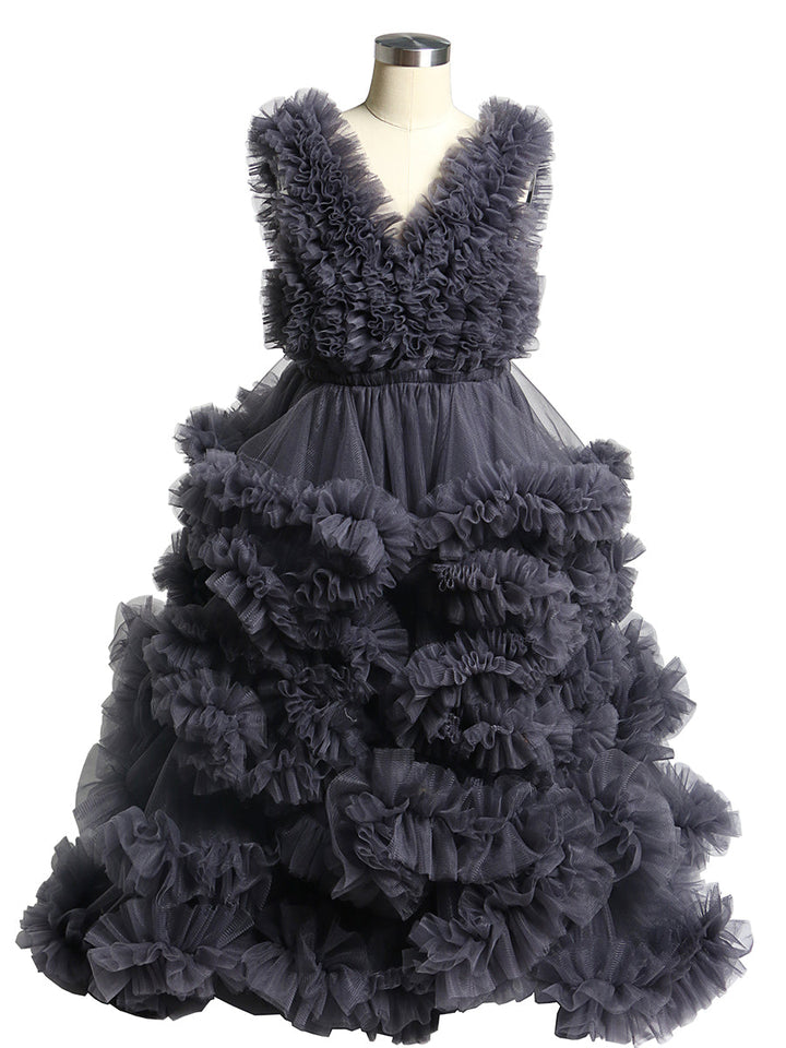 Weiche Tüllrüschen V-Ausschnitt Erstkommunionkleider für Mädchen Blumenmädchenkleider Prinzessin Partykleid Fotoshootingkleid YW220920 