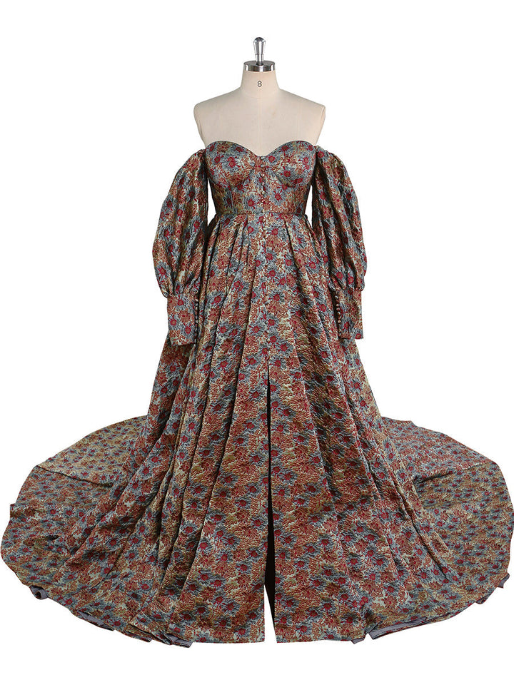 Hochwertiges elegantes Jacquard-Blumen-Abendkleid mit langen Ärmeln im Retro-Stil, Ballkleid für Fotoshootings, YEWEN YW221031 