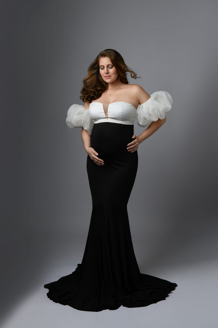 Meerjungfrau-Umstandskleid mit Puffärmeln, dehnbarem Stoff, für Fotoshootings, Umstandskleid, Brautjungfernkleid YW231110 