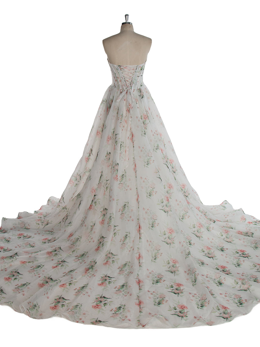 Prinzessinnenkleid Organza Blumen Brautkleid Üppiges langes Schleppen Brautkleid mit Schlitz YW243142