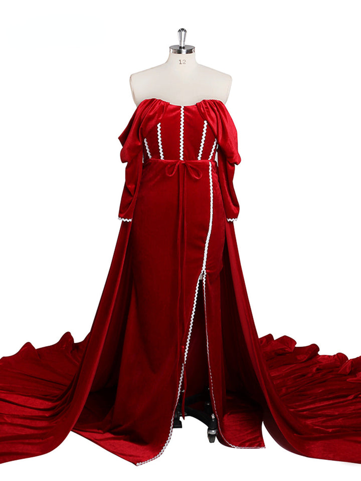 Langärmliges, schulterfreies rotes Samt-Meerjungfrauen-Ballkleid mit Seitenschlitz für Fotoshootings YW230747