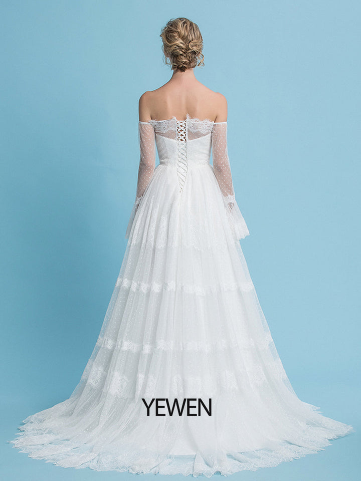 Off the Shoulder Romantisches Bohemian Brautkleid Lange Ärmel Strandhochzeit Brautkleid 