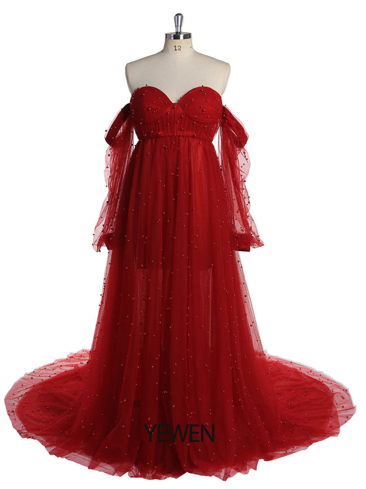 Schulterfreies, elfenbeinfarbenes, langärmliges Umstandskleid mit Perlen vorne und offen, Fotoshooting-Kleid für Damen LT024 