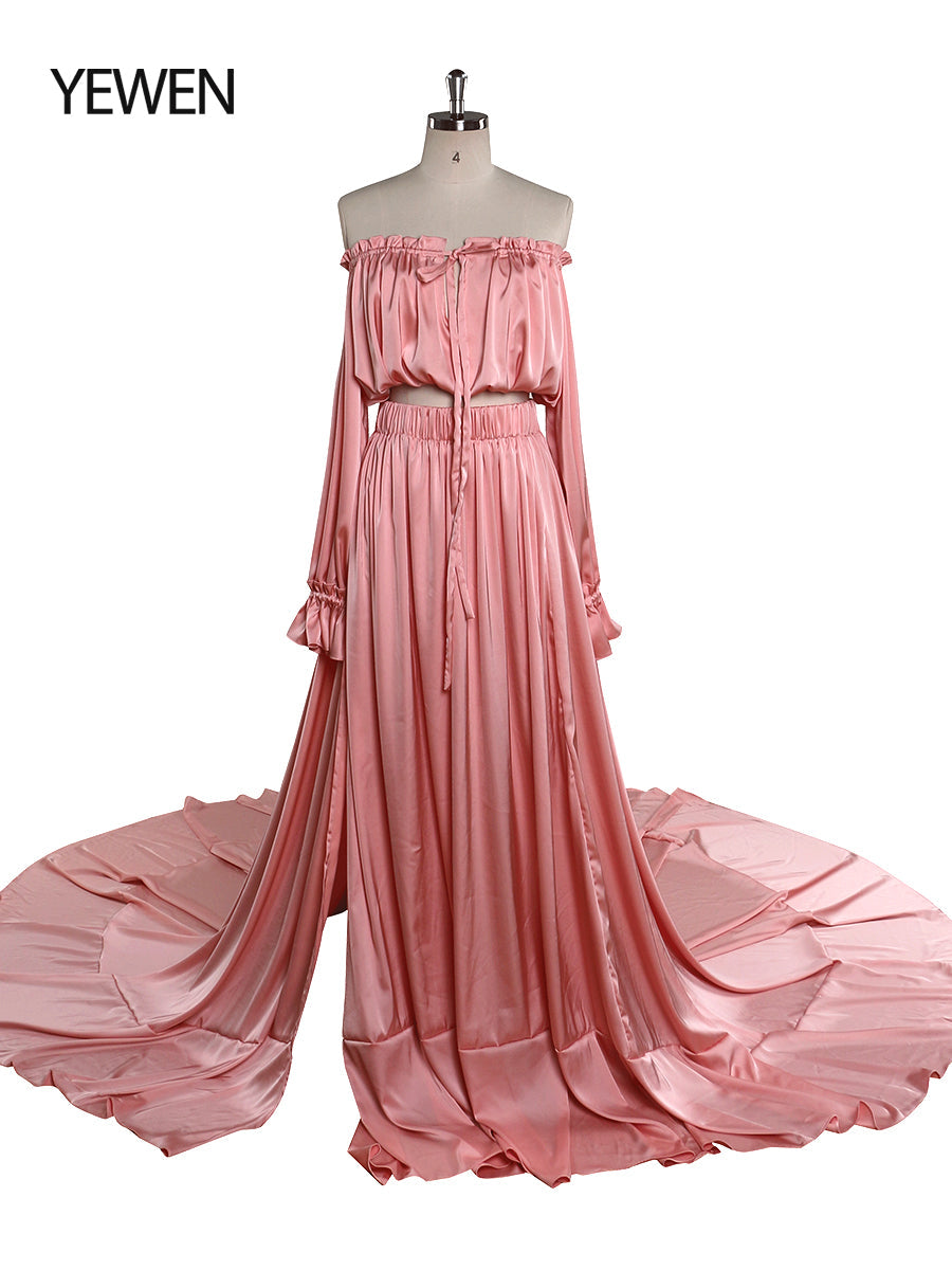 Weiches schulterfreies Satin-Umstands-/Nicht-Umstandskleid für Fotoshootings, Fotokleider mit Seitenschlitz, ausgefallene Foto-Requisiten, YEWEN YD21801-1