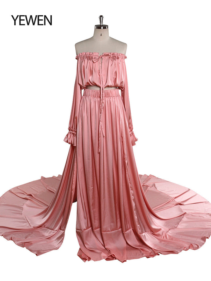 Weiches schulterfreies Satin-Umstands-/Nicht-Umstandskleid für Fotoshootings, Fotokleider mit Seitenschlitz, ausgefallene Foto-Requisiten, YEWEN YD21801-1