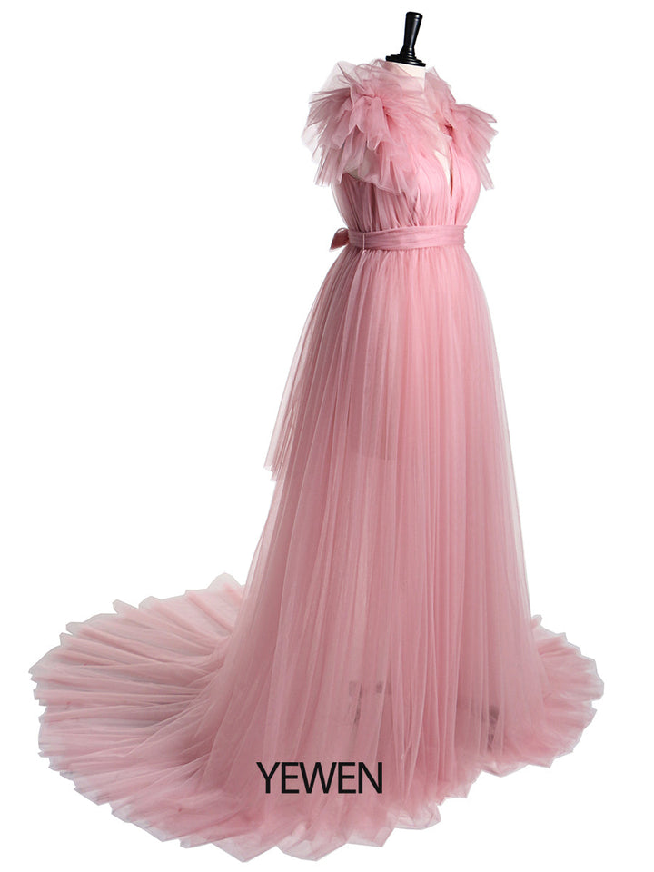 Umstandskleid für Fotoshootings, Bauchschlitz vorne, Schulterrüschen, Fotografie-Maxikleid, Babyparty-Kleid YD217051 
