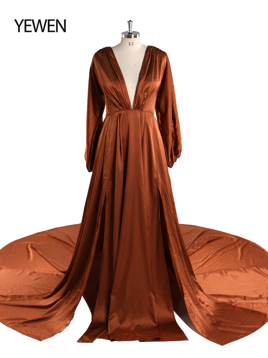 Leichtes Seidensatin-Ballkleid, Bohemian-Hochzeitspartykleid mit Schlitz, Fotografie-Kleid, Maxi-Damenkleid, YEWEN YD22407 