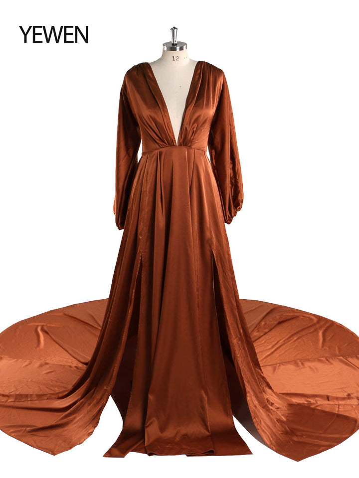Leichtes Seidensatin-Ballkleid, Bohemian-Hochzeitspartykleid mit Schlitz, Fotografie-Kleid, Maxi-Damenkleid, YEWEN YD22407 