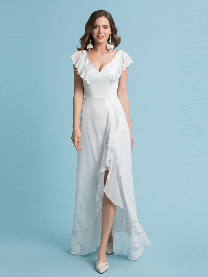 Etui-Linie/Säule Chiffon Ärmel V-Ausschnitt Brautkleid Bodenlang 