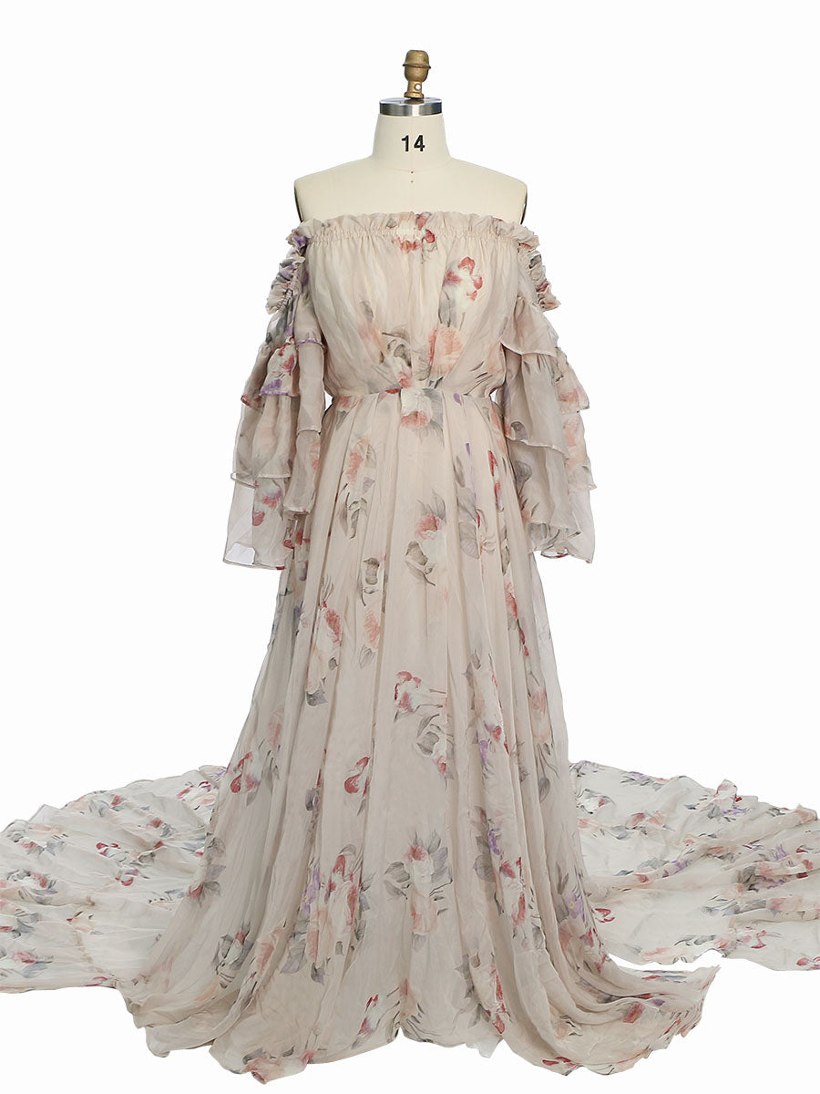 Trägerloses Umstandskleid Fotoshooting Print Floral Seide Weicher Organza Frau Maxikleid Seitenschlitz YW231002 