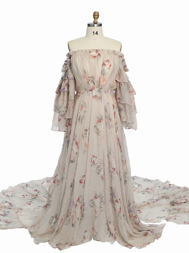 Trägerloses Umstandskleid Fotoshooting Print Floral Seide Weicher Organza Frau Maxikleid Seitenschlitz YW231002 
