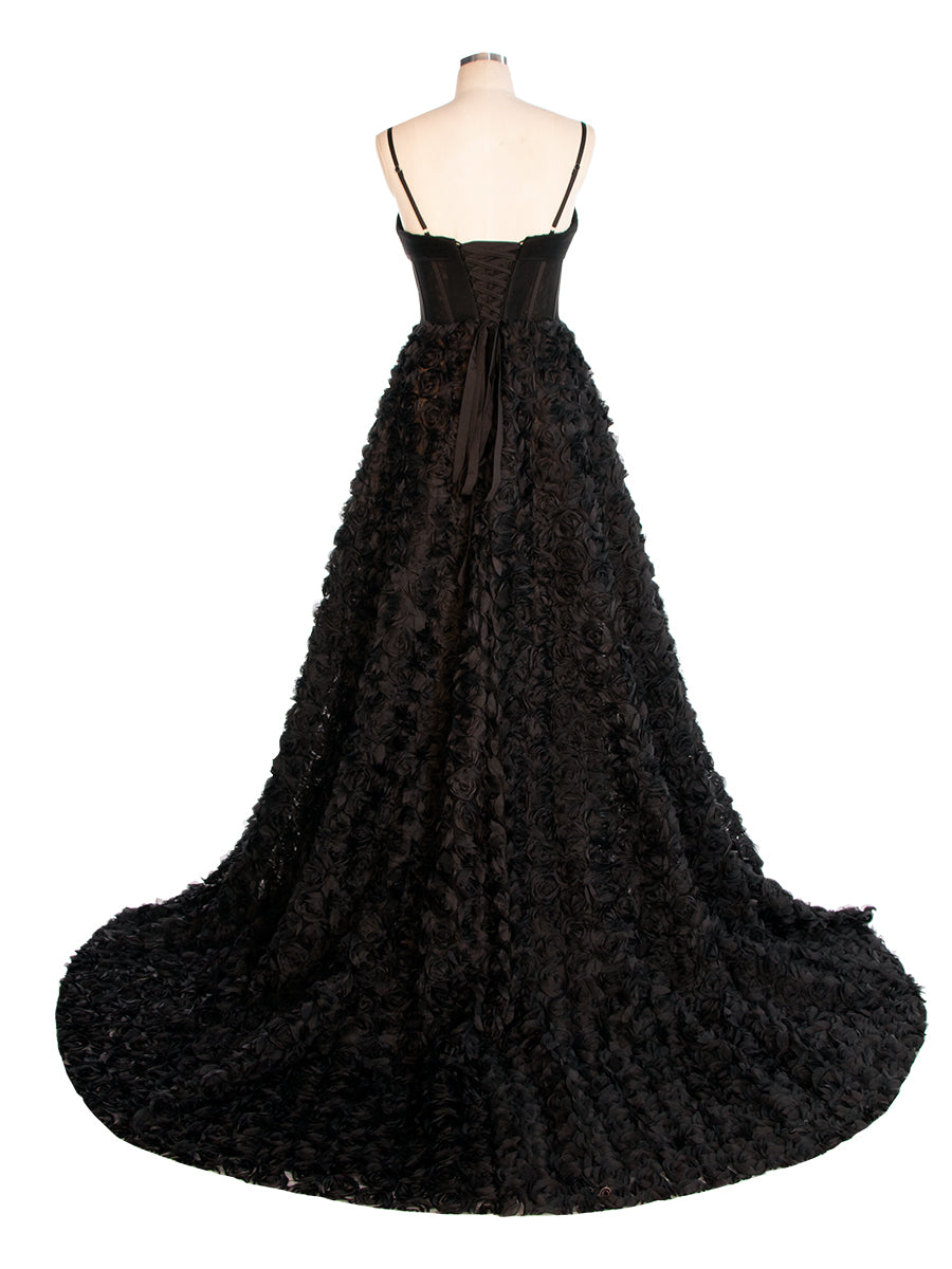 Schwarzes A-Linien-Kleid mit Korsett-Mieder, Mesh-Rosen-Abendkleid YW240043 