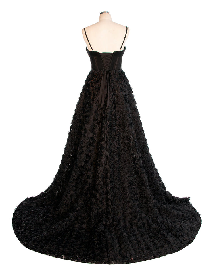 Schwarzes A-Linien-Kleid mit Korsett-Mieder, Mesh-Rosen-Abendkleid YW240043 