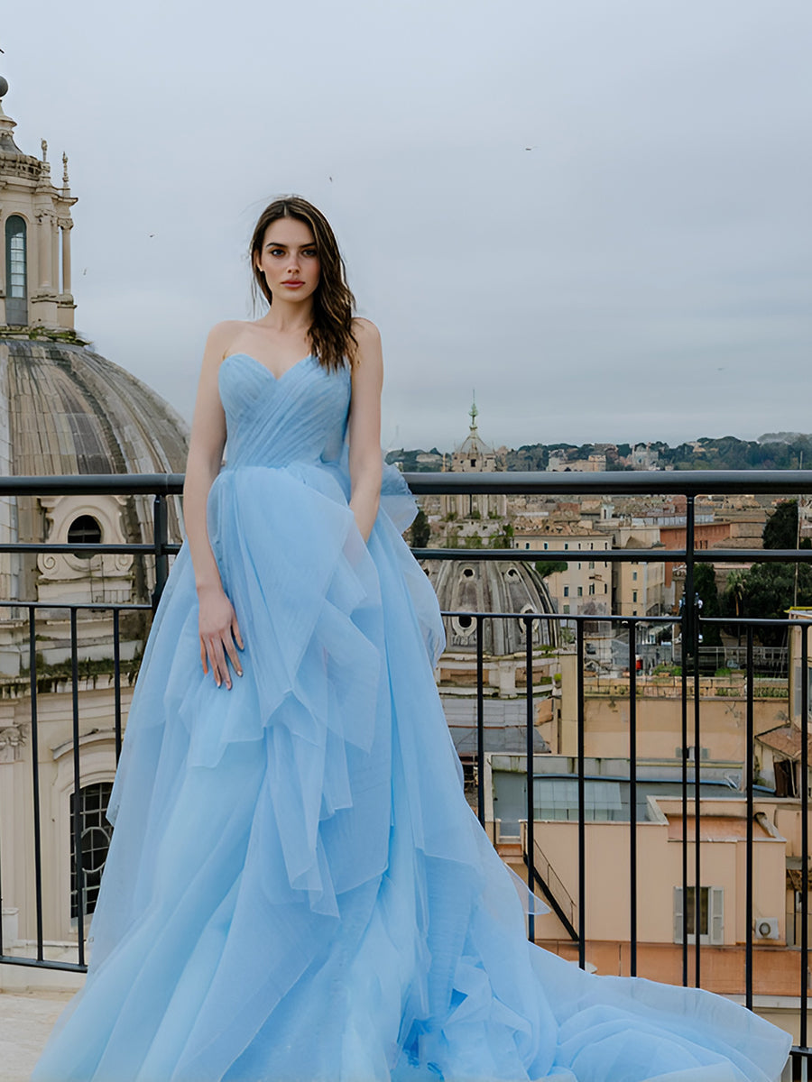 Trägerloses A-Linien-Kleid Himmelblaues mehrlagiges Tüllkleid Fotografie-Kleid 